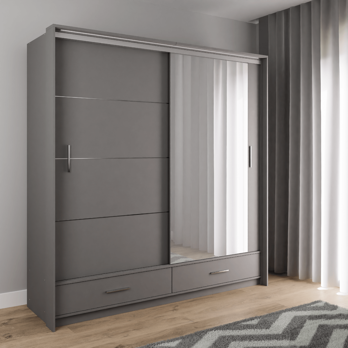 Graphite Mirrored Sliding Door Wardrobe 208cm –  EPSOM