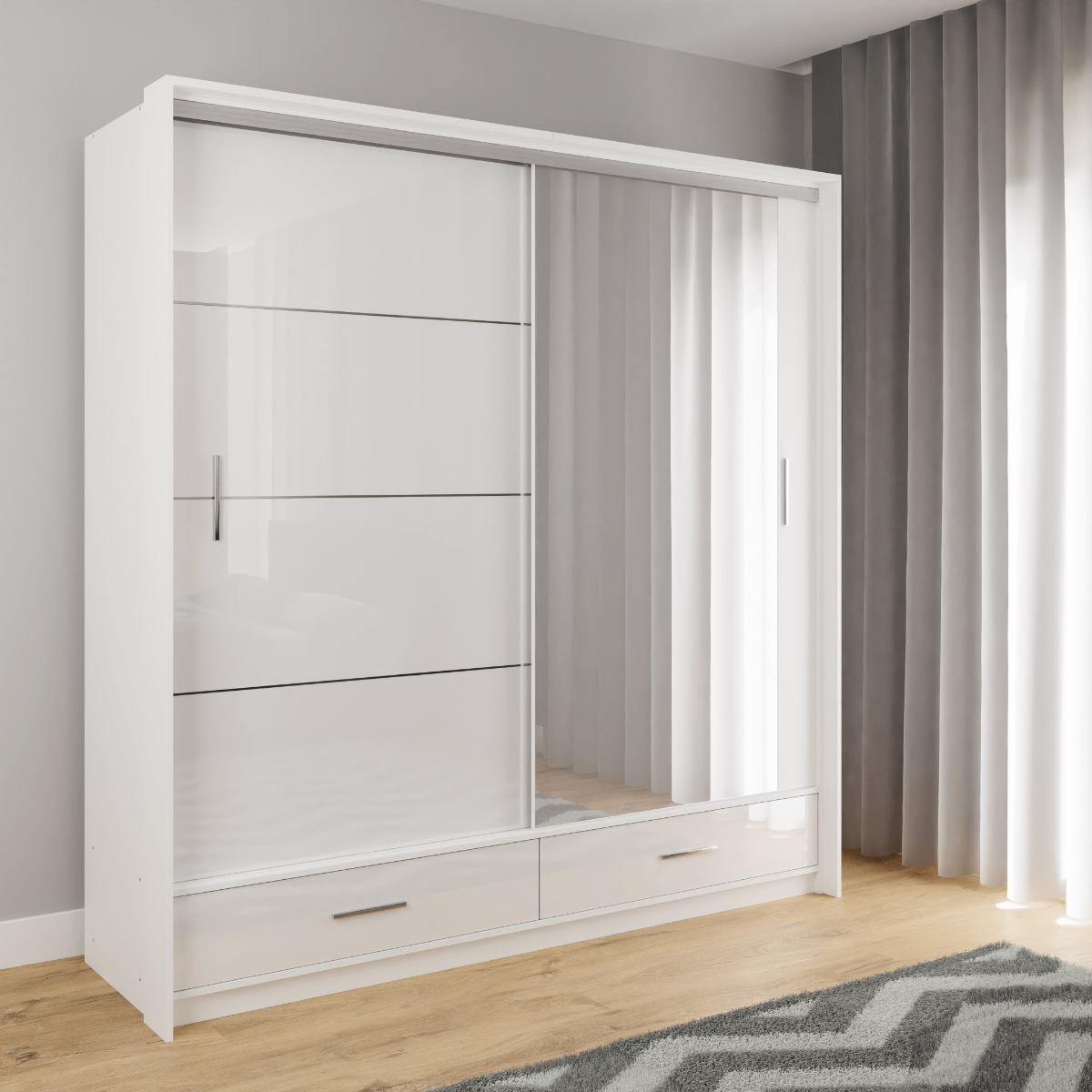 White Gloss Mirrored Sliding Door Wardrobe 208cm –  EPSOM