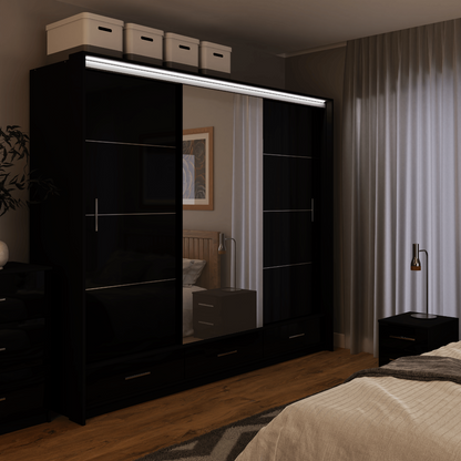 Black Gloss Mirrored Sliding Door Wardrobe 255cm –  EPSOM