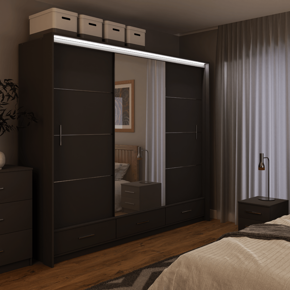 Graphite Mirrored Sliding Door Wardrobe 255cm –  EPSOM