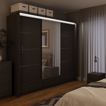 Graphite Mirrored Sliding Door Wardrobe 255cm –  EPSOM