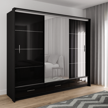Black Gloss Mirrored Sliding Door Wardrobe 255cm –  EPSOM