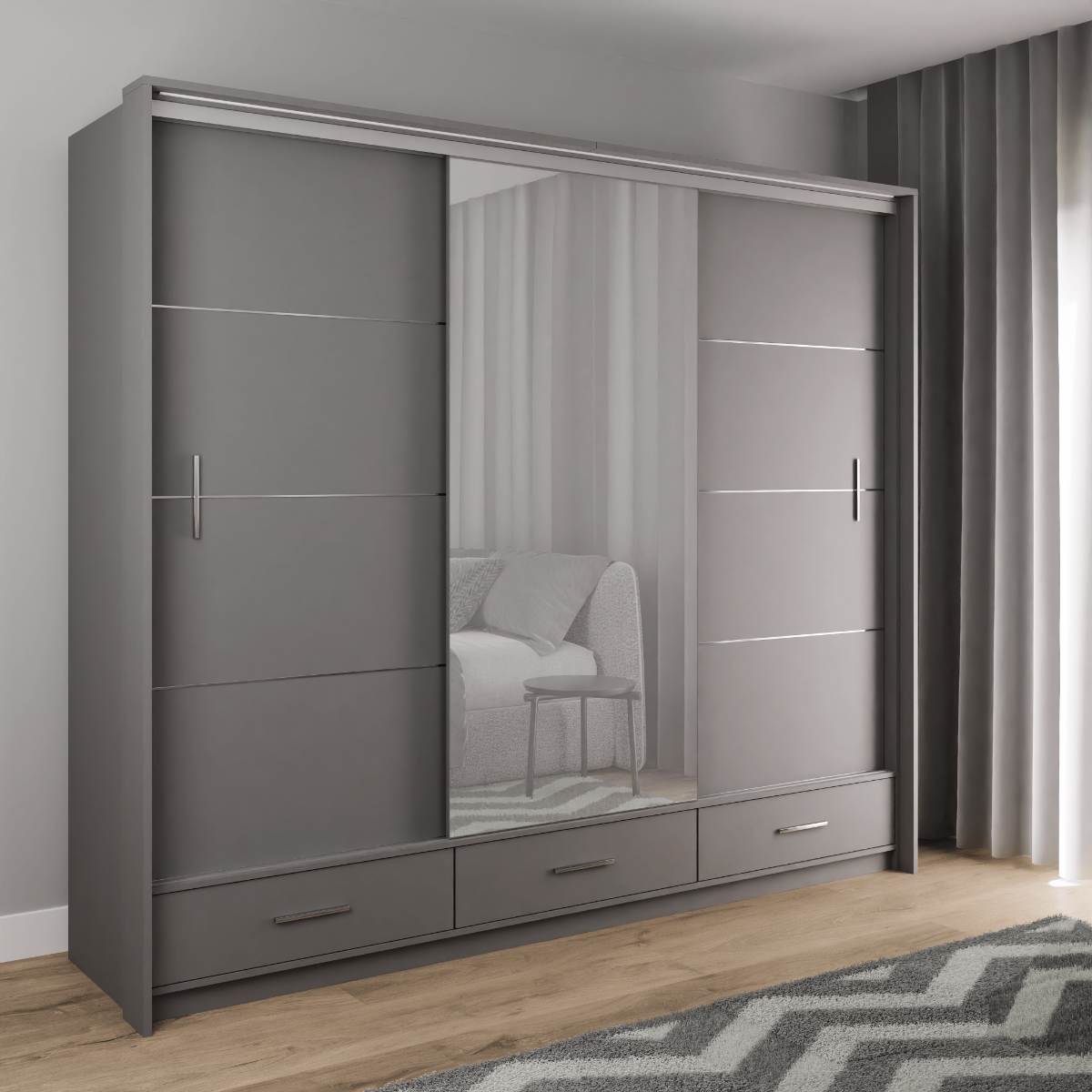 Graphite Mirrored Sliding Door Wardrobe 255cm –  EPSOM
