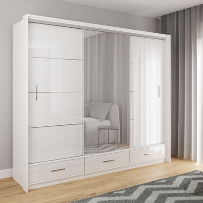 White Gloss Mirrored Sliding Door Wardrobe 255cm –  EPSOM