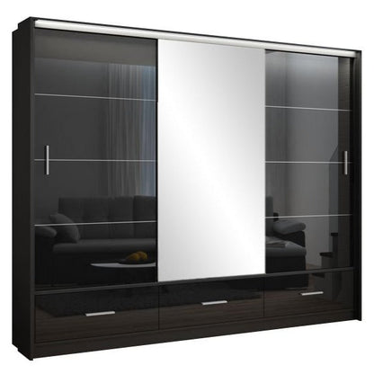 Cornelia 250cm Large High Gloss Sliding Door Wardrobe - Black, White, Grey