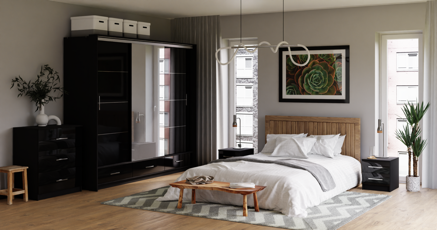 Black Gloss Mirrored Sliding Door Wardrobe 255cm –  EPSOM