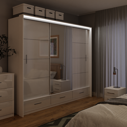 White Gloss Mirrored Sliding Door Wardrobe 255cm –  EPSOM
