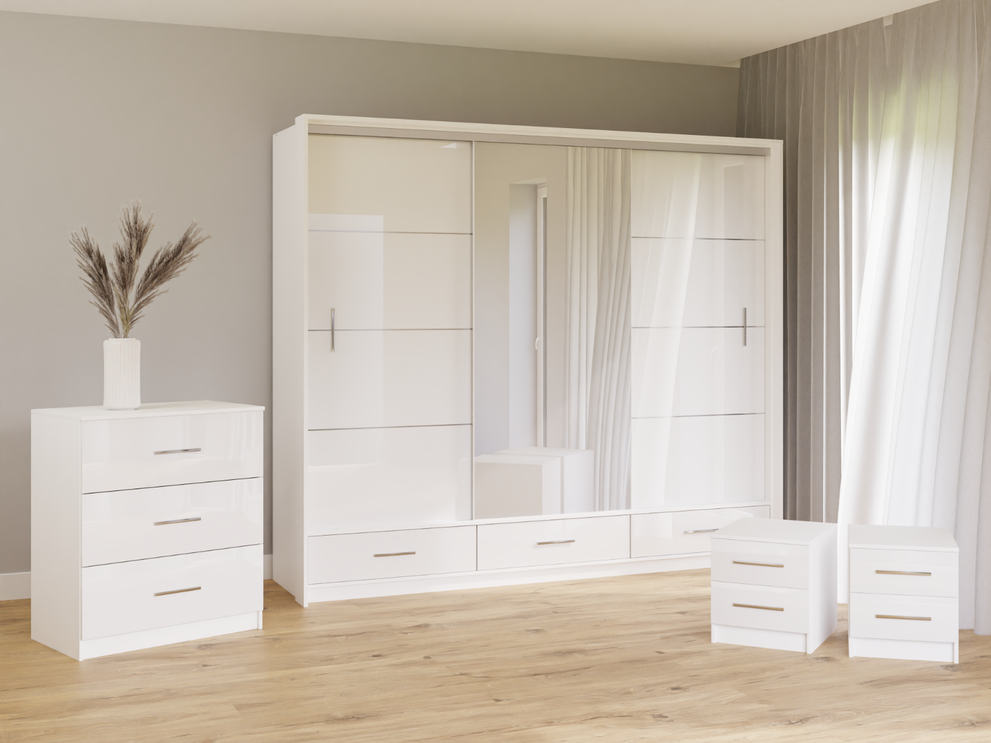 White Gloss Mirrored Sliding Door Wardrobe 255cm –  EPSOM