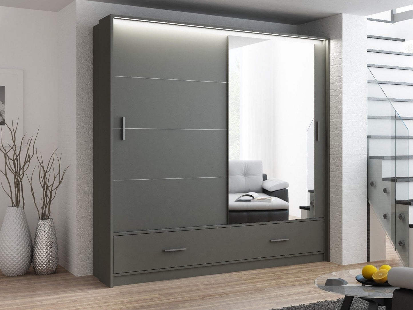 Warrington Sliding Door 208cm Mirror Wardrobe with 2 Drawers - Graphite