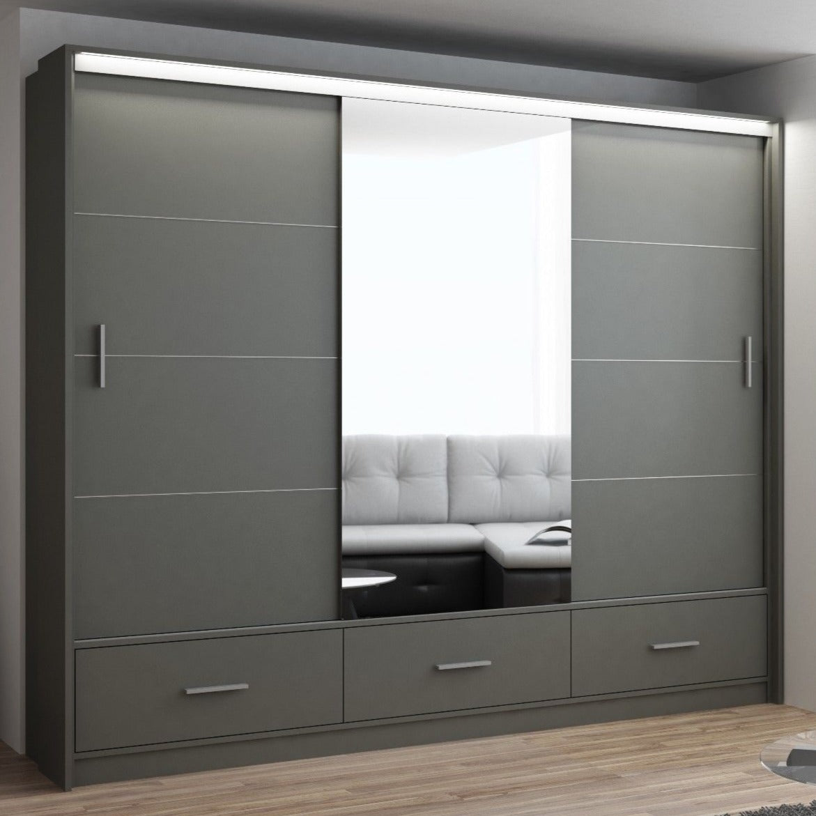 Cornelia 250cm Large High Gloss Sliding Door Wardrobe - Black, White, Grey