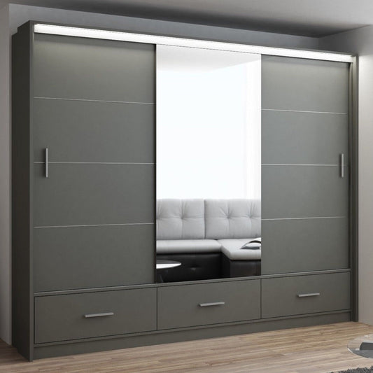 Cornelia 250cm Large High Gloss Sliding Wardrobe -Grey, White, Black