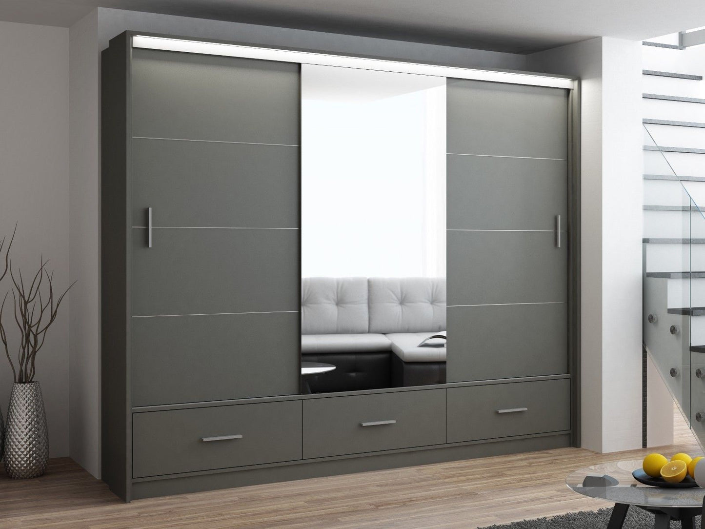 Cornelia 250cm Large High Gloss Sliding Wardrobe -Grey, White, Black