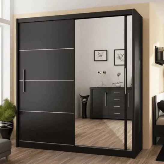 Vista Mirrored Sliding Door Wardrobe 203 cm- Black, White and Oak