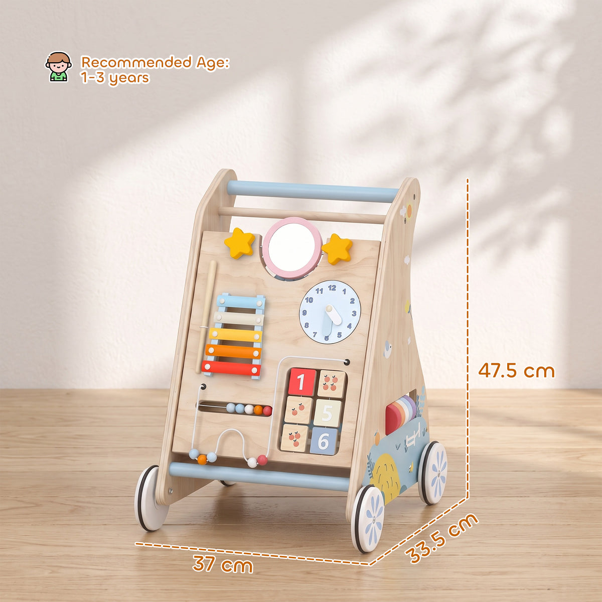 AIYAPLAY Wooden Baby Walker with Detachable Double-Sided Activity Board, Push Along Walker, Gift for Boys Girls 1-3 Years