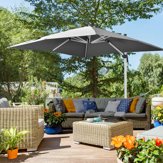 Outsunny 3 x 3(m) Cantilever Roma Parasol, kwadratowy parasol ogrodowy z podstawą krzyżową, korbą, pochyleniem, obrotem 360√Ç¬∞ i aluminiową ramą, szary