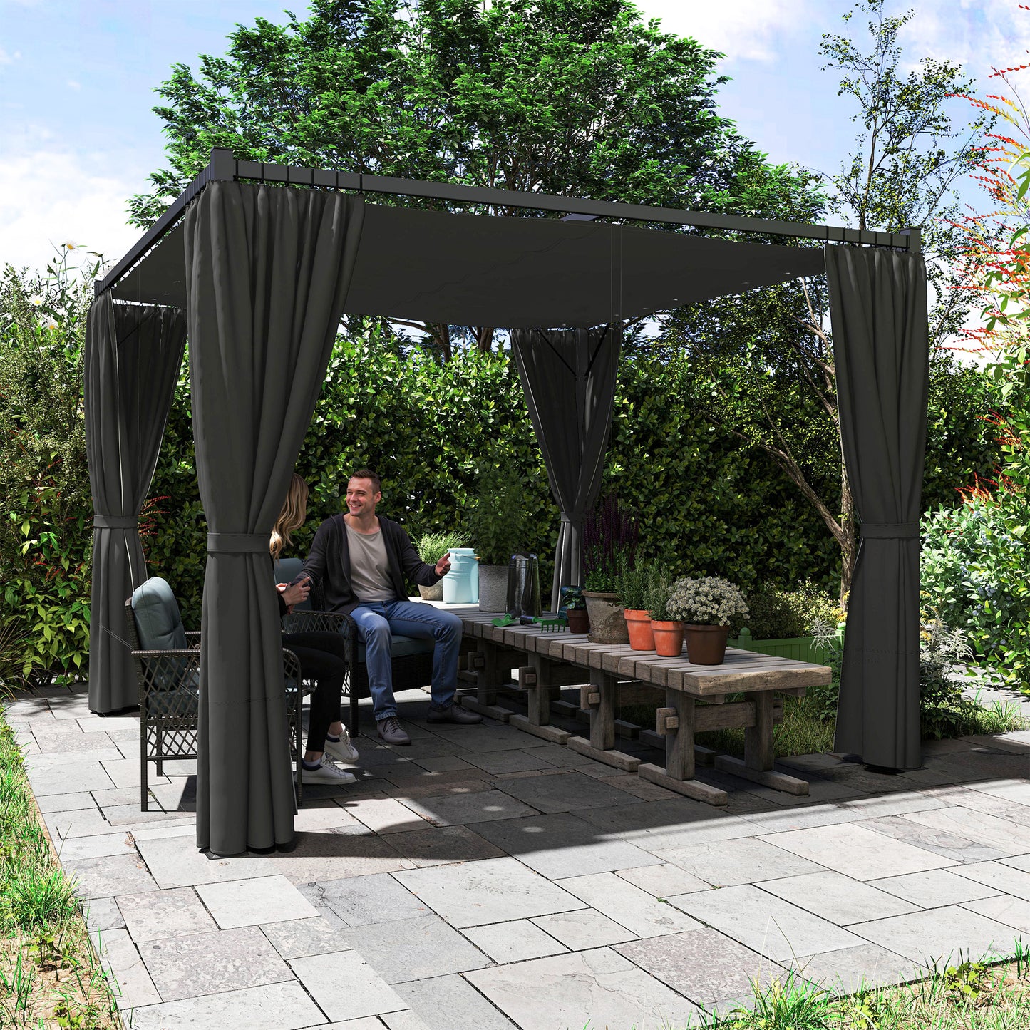 Outsunny 3 x 3(m) Rozsuwana pergola, altana ogrodowa z zasłonami, do grilla, na patio, taras, antracyt