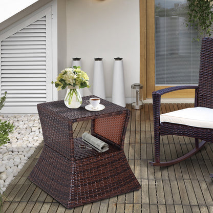 Outsunny Rattanowy stolik kawowy na zewnątrz, wiklinowy stolik ogrodowy Patio Bistro z otworem na parasol i miejscem do przechowywania na balkon, werandę, brązowy