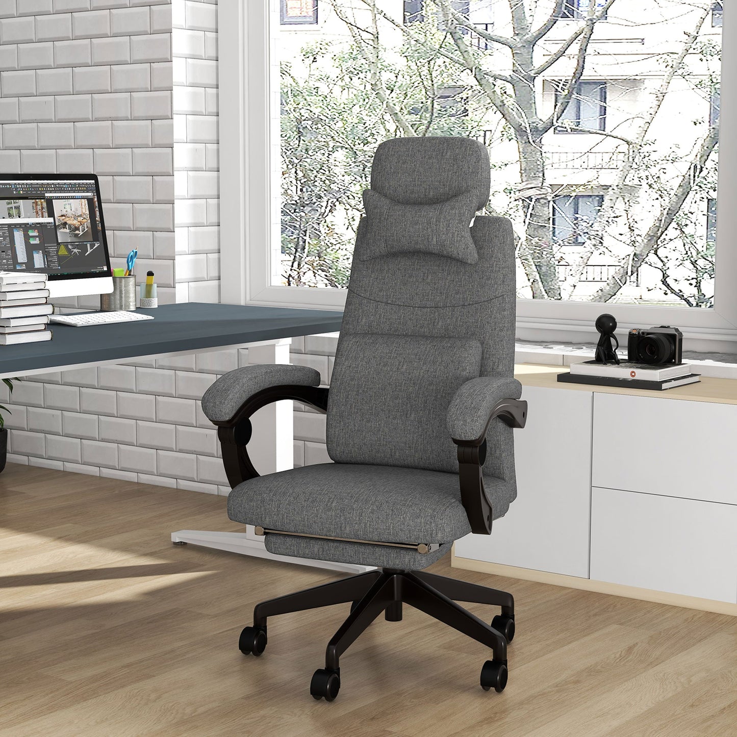 Vinsetto Linen-Look Office Chair, with 160  Reclining Back and Footrest - Grey