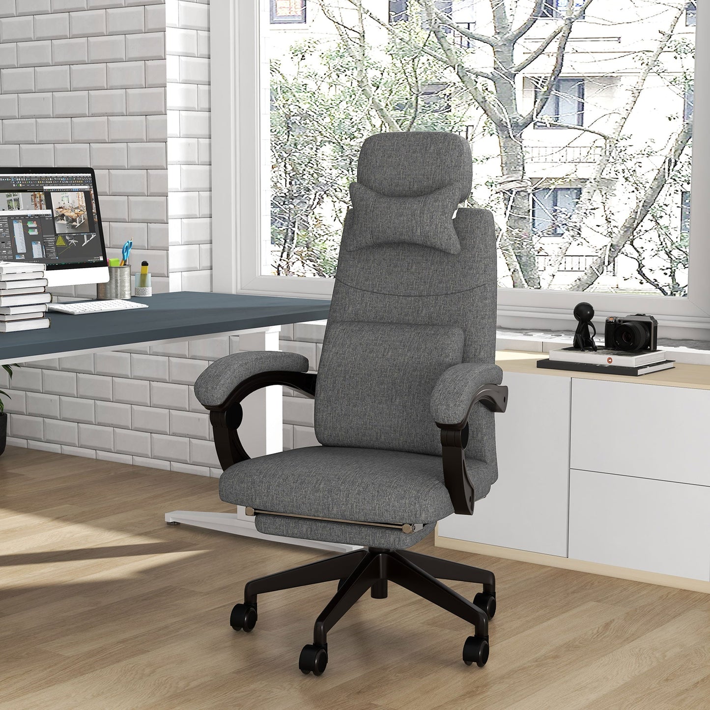 Vinsetto Linen-Look Office Chair, with 160  Reclining Back and Footrest - Grey