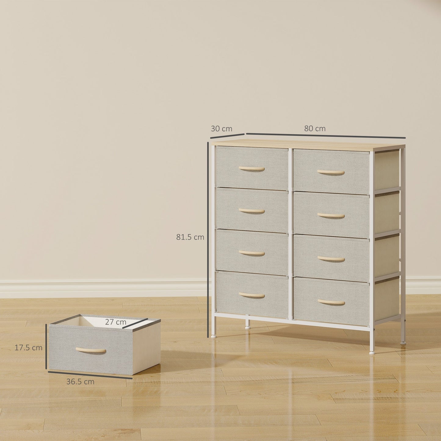 HOMCOM Fabric Chest of Drawers, Industrial Bedroom Dresser with 8 Fabric Drawers, Steel Frame and Wooden Top for Nursery, Living Room, Hallway, Maple Wood-effect