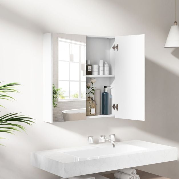 Medicine Cabinet with Mirror and Double Mirrored Doors -White