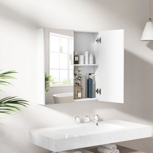 Medicine Cabinet with Mirror and Double Mirrored Doors -White