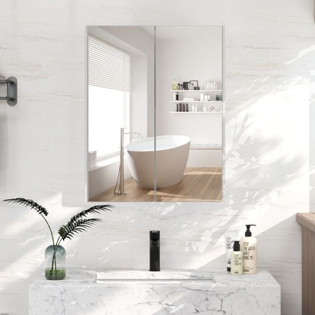 Medicine Cabinet with Mirror and Double Mirrored Doors -White