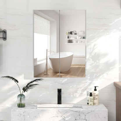 Medicine Cabinet with Mirror and Double Mirrored Doors -White