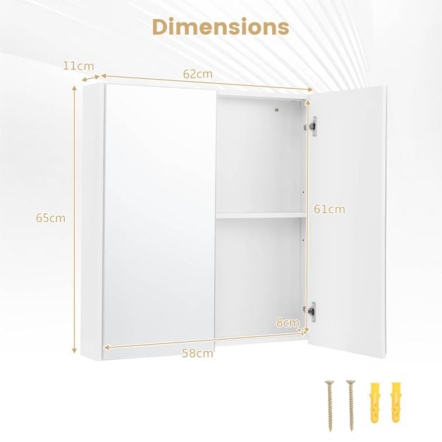 Medicine Cabinet with Mirror and Double Mirrored Doors -White