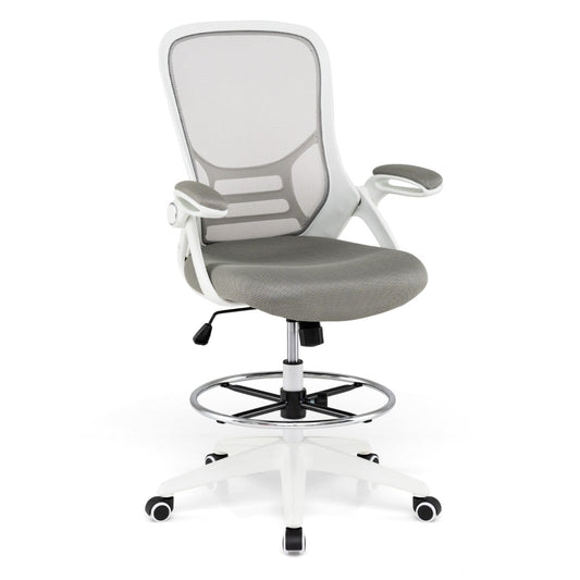 Mesh Drafting Chair with Flip-up Armrests and Mid-Back Padded15-White
