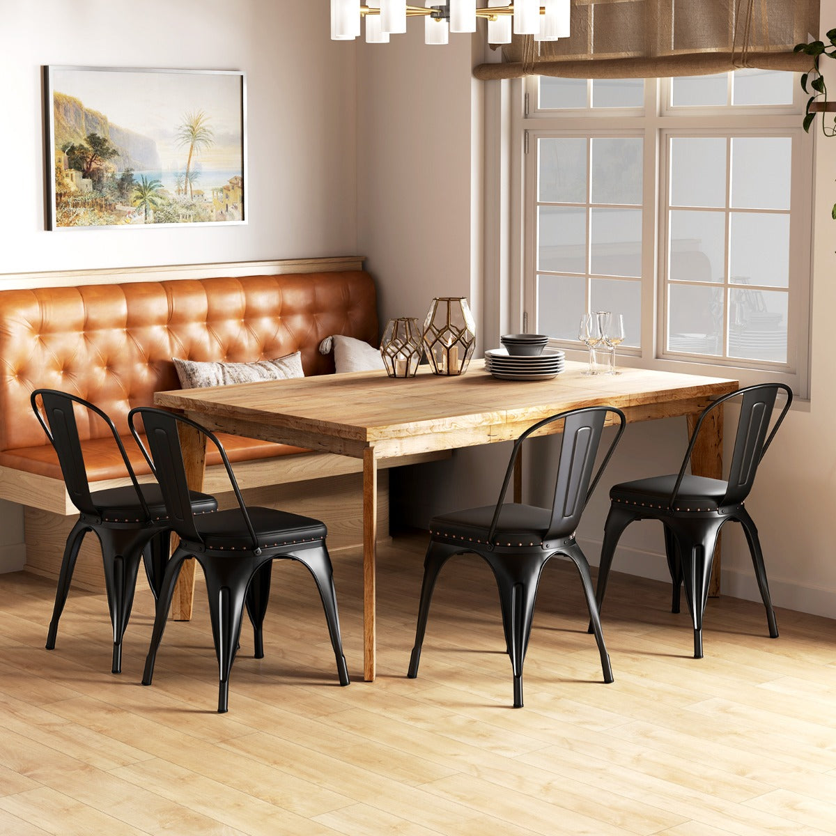 Metal Dining Chair Set of 4 with Removable Backs and PU Leather Cushioned Seat-Black