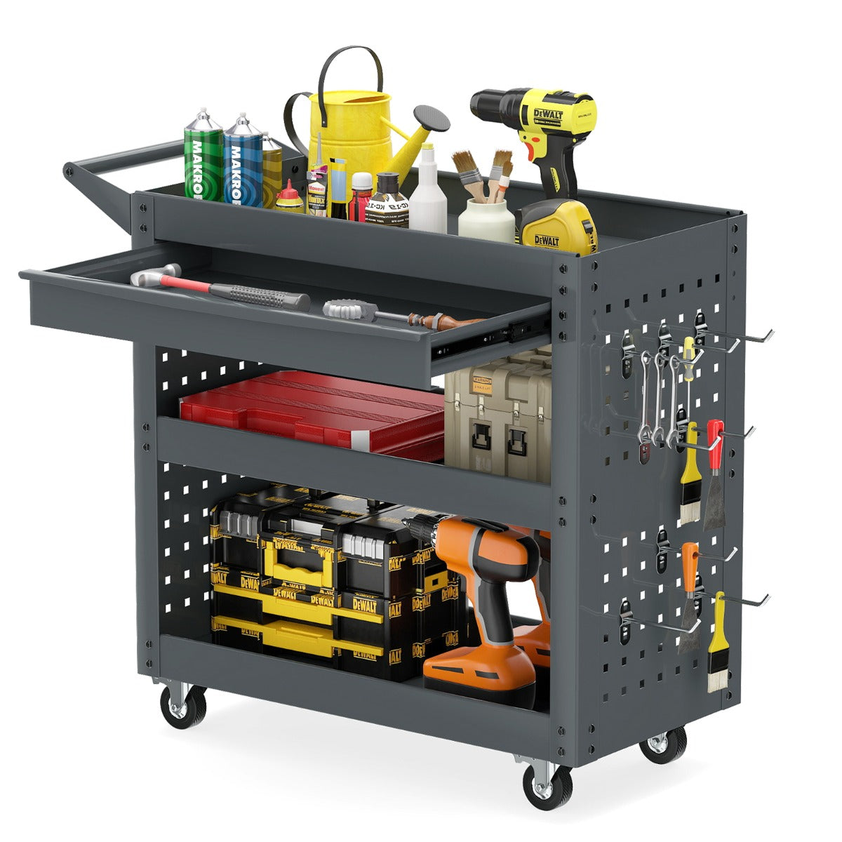 Metal Mechanic Tool Organizer with Large Drawer and 2 Pegboards-Grey