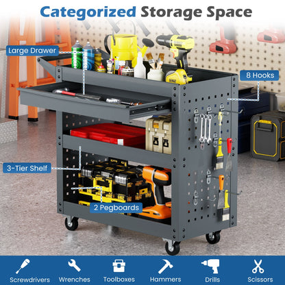 Metal Mechanic Tool Organizer with Large Drawer and 2 Pegboards-Grey
