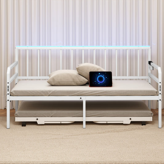 Metal Single Size Daybed with Charging Station and LED Lights-White