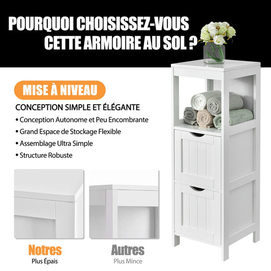 Narrow bathroom cabinet with 2 removable drawers &amp; open shelf white