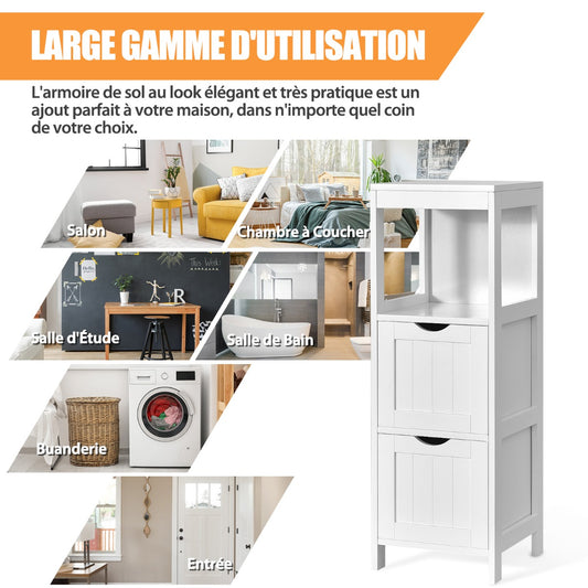 Narrow bathroom cabinet with 2 removable drawers &amp; open shelf white