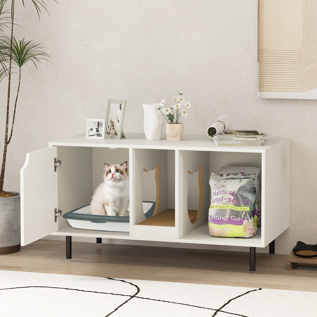 Cat Litter Box Enclosure with Storage and Removable Scratching Board-White