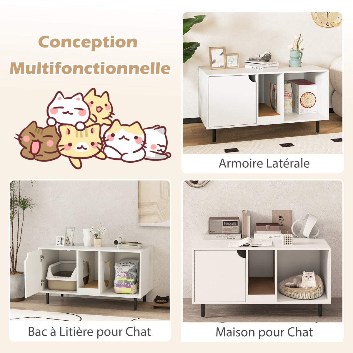 Cat Litter Box Enclosure with Storage and Removable Scratching Board-White