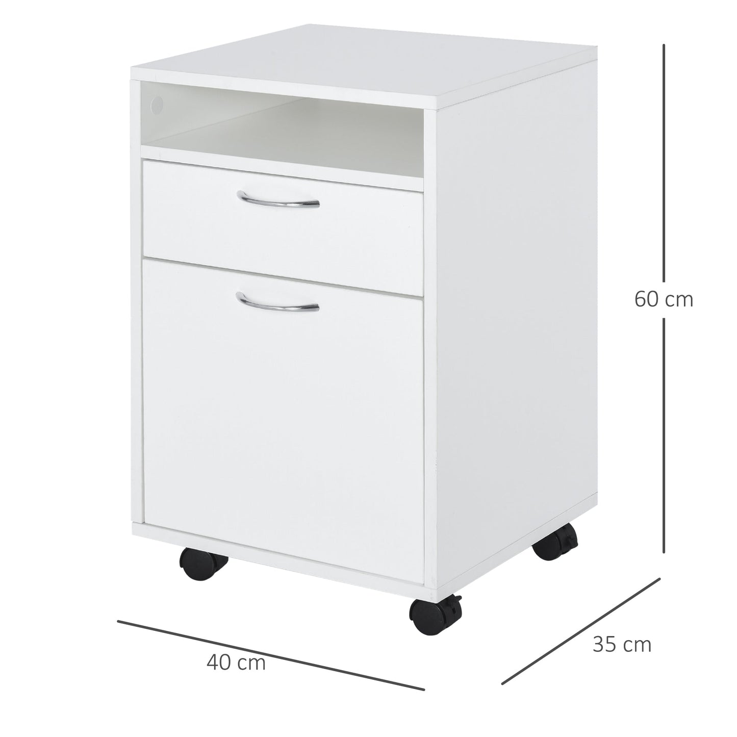 HOMCOM 60cm Storage Cabinet with Drawer, Open Shelf, Metal Handles and 4 Wheels, Office Home Organiser Mobile Printer, White