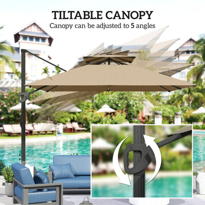 Outsunny 3.5x3 m Garden Cantilever Parasol with Solar LED Lights and Centre Light, UPF50+ Aluminium Patio Umbrella with 360√Ç¬∞ Rotation and Tilt, Hanging Sun Shade with Cross Base, Crank Handle, Khaki