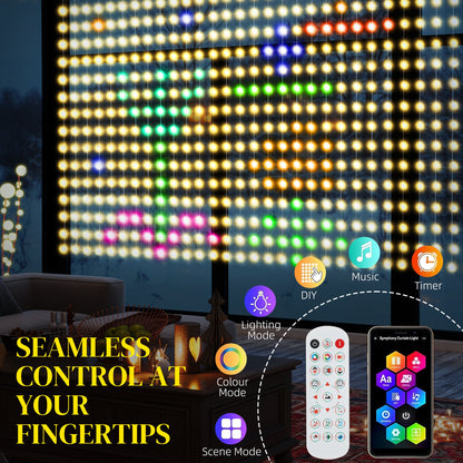 Lampki LED HOMCOM do zasłon, inteligentne lampki choinkowe do zasłon, zmieniające kolor kinkiety z pilotem i aplikacją, dynamiczne, wiszące lampki okienne DIY do sypialni i salonu, 3 x 3 m, dioda LED 400 RGBIC