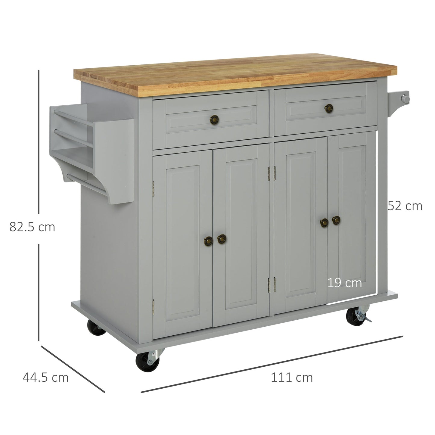 HOMCOM Rolling Kitchen Island Storage Trolley with Rubber Wood Top & Drawers for Dining Room, Grey