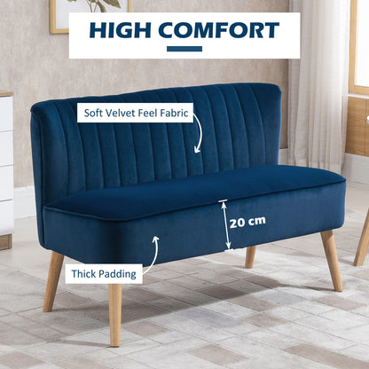 HOMCOM Nowoczesna aksamitna sofa dwuosobowa z drewnianą ramą, piankowym wypełnieniem, wysokim oparciem, miękka i wygodna, kompaktowa, niebieska