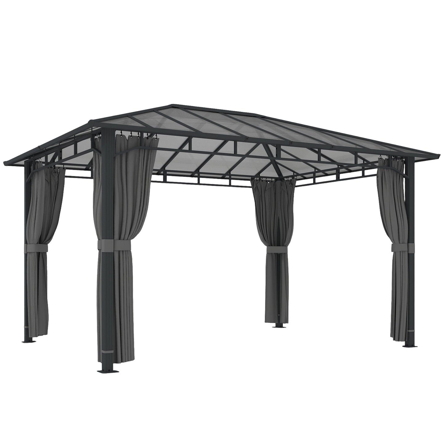 Outsunny 3 x 4 m Outdoor Hardtop Gazebo Canopy with PC Roof, Aluminium Permanent Pavilion Garden Gazebo with Curtains, Dark Grey