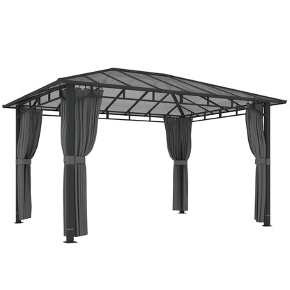 Outsunny 3 x 4 m Outdoor Hardtop Gazebo Canopy with PC Roof, Aluminium Permanent Pavilion Garden Gazebo with Curtains, Dark Grey