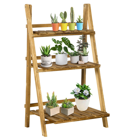 Outsunny Drewniany składany stojak na doniczki 3-poziomowy, drabina ogrodowa, półki do przechowywania, stojak na zioła (60L x 37W x 93H cm)