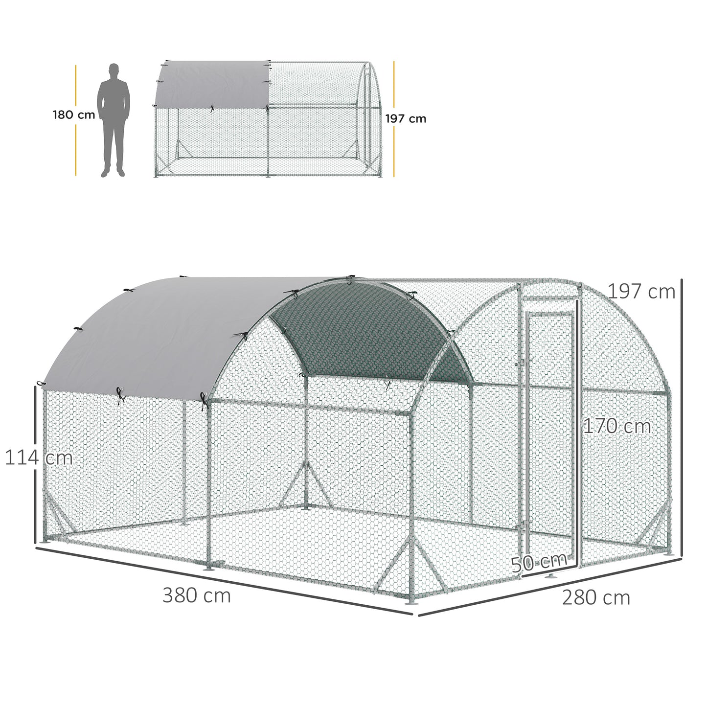 PawHut Walk In Chicken Run ocynkowany kurnik dla kur i drobiu klatka dla zwierząt ogrodowych z wodoodporną osłoną, 2,8 x 3,8 x 2 m