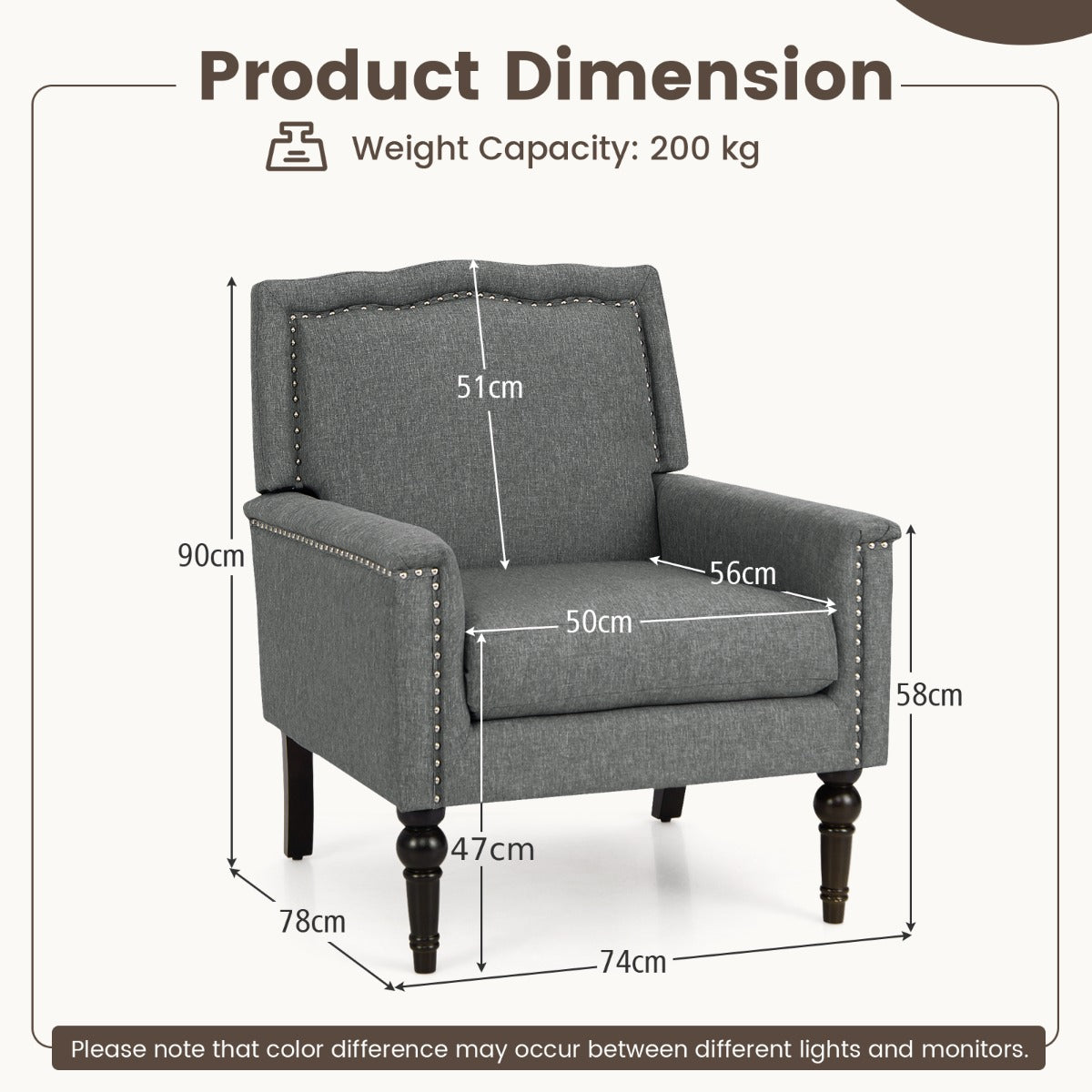 Mid-century Modern Armchair with Thick Cushion &amp; Rubber Wood Legs-Grey