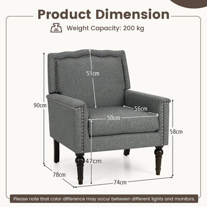 Mid-century Modern Armchair with Thick Cushion &amp; Rubber Wood Legs-Grey