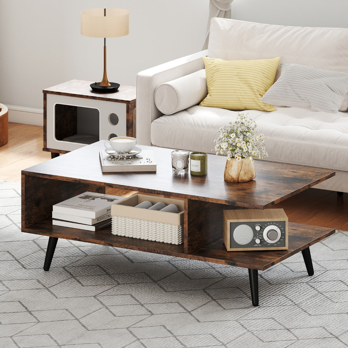 Mid Century Modern Coffee Table 2-Tier Accent Table with 2 Open Compartments-Rustic Brown